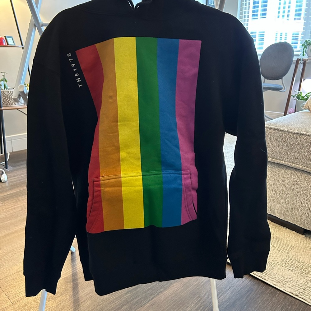 Vibrant Black Hoodie with Rainbow Stripe by The 1975